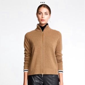 Worth Camel With Black and Ivory Trim Wool Zip Up Cardigan Size M